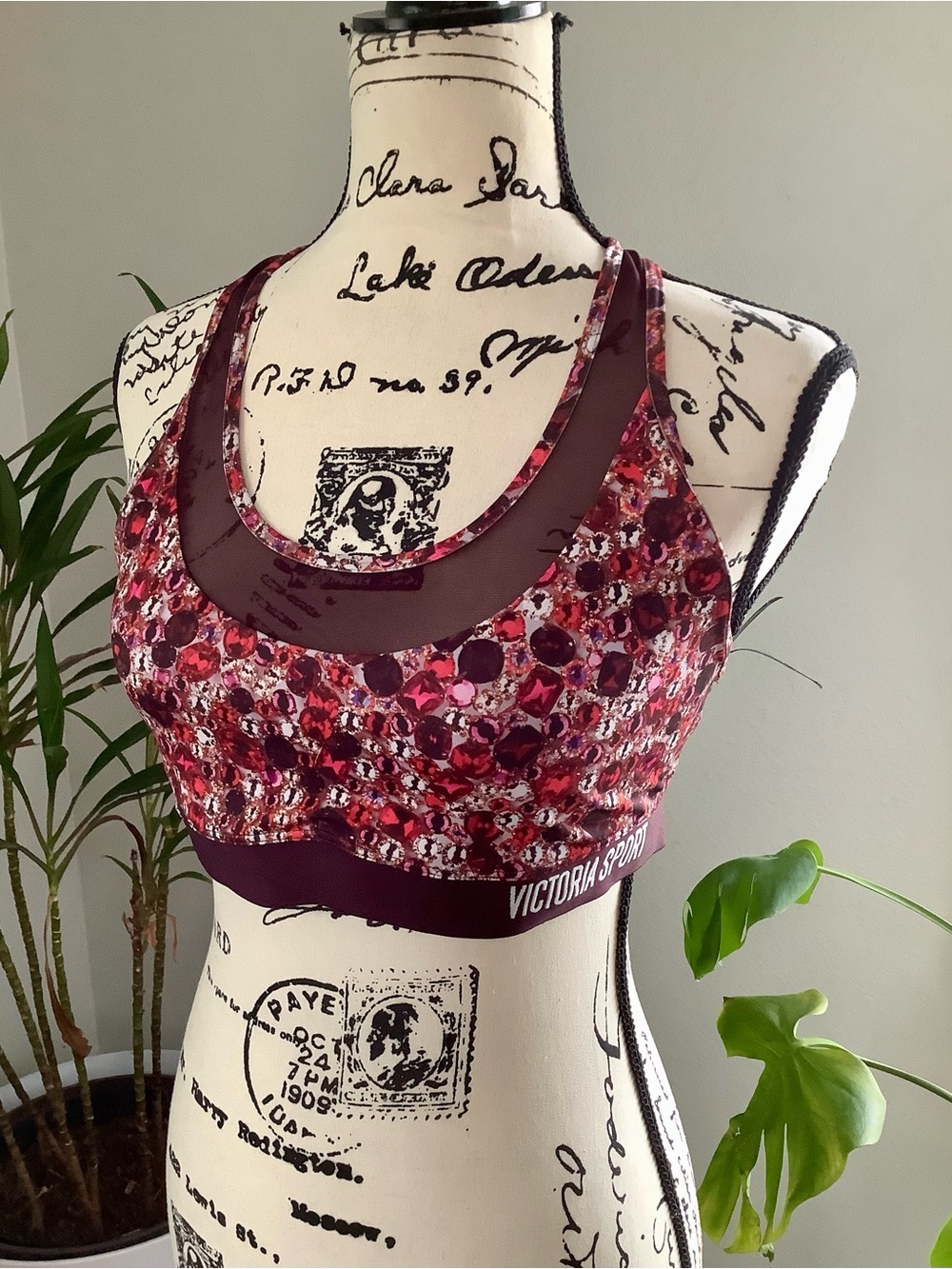 Victoria Sport Burgundy & Pink Patterned Mesh-Trim Sports Bra